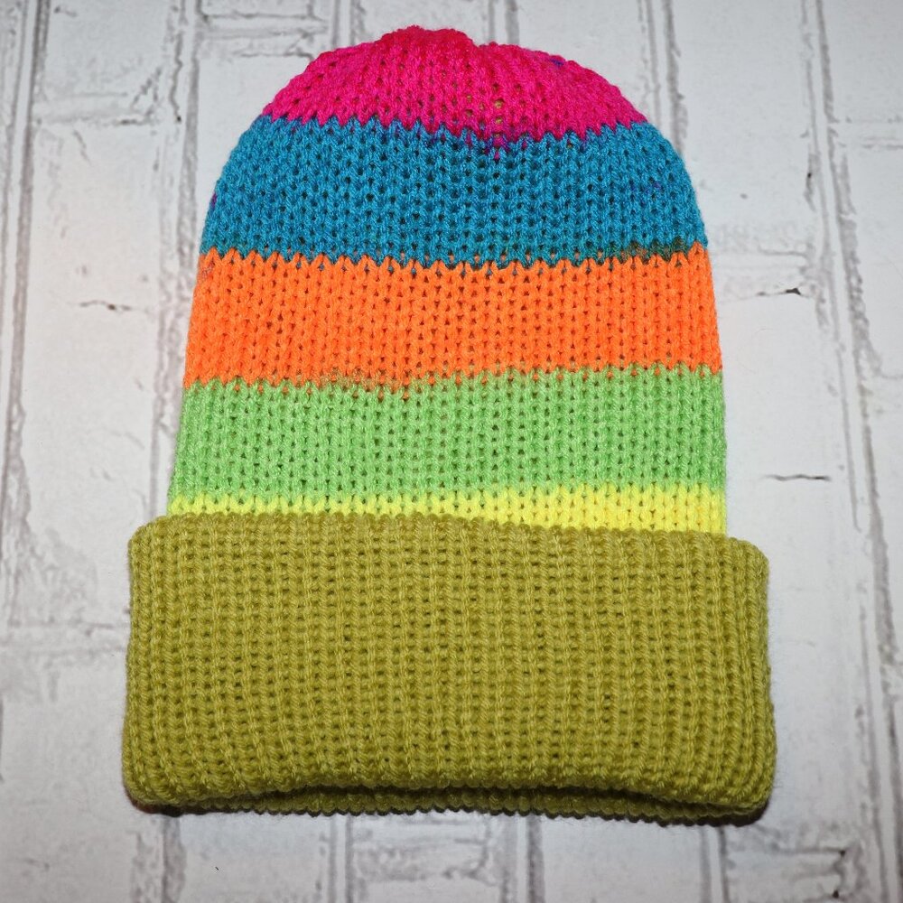 🍭 Neon Candy Stripes Knitted Beanie – Handmade · Women’s Medium